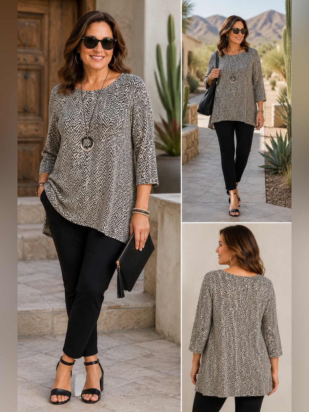 CHICO’S Black Cream Abstract Zig‎ Zag Tunic Top Sz 3 XL 16 Chic Lagenlook